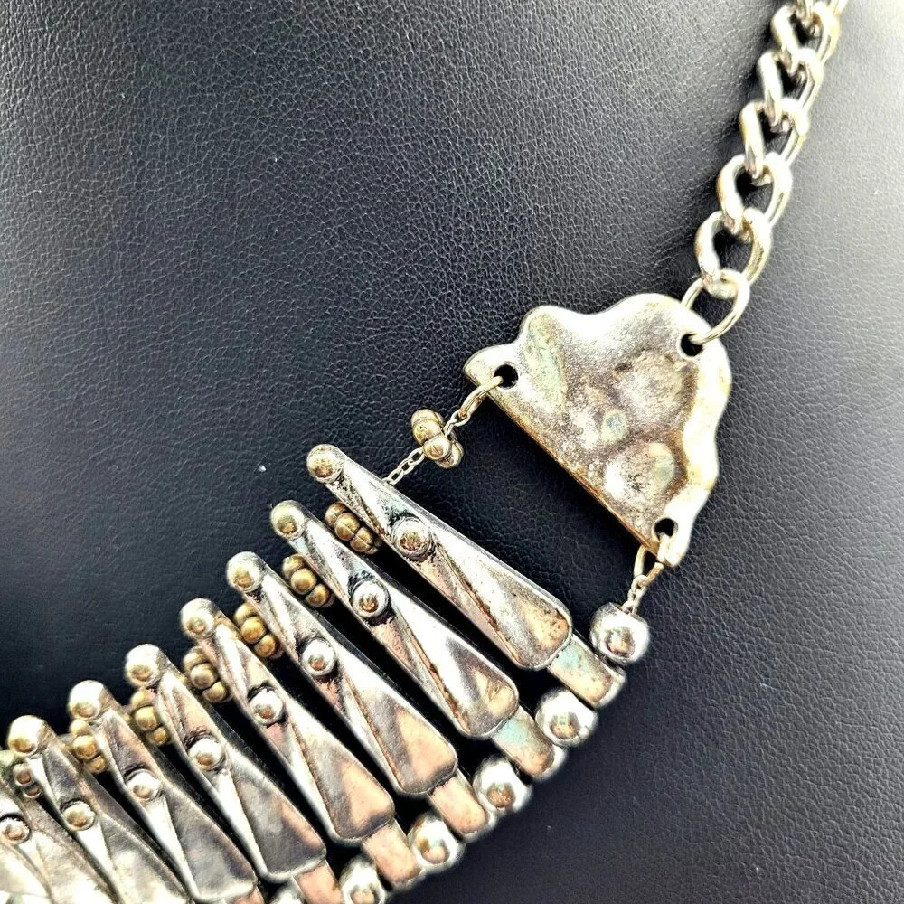 Vintage Silver & Gold-Tone Beaded Statement Necklace Chain Adjustable Closure - Picture 4 of 5